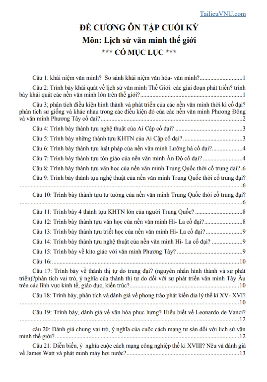 24 câu đề cương môn Lịch sử văn minh thế giới USSH