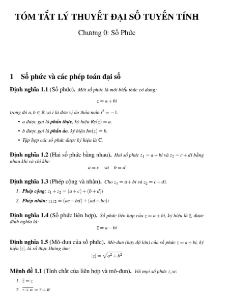 TÓM TẮT LÝ THUYẾT ĐẠI SỐ TUYẾN TÍNH, Chương 0: Số Phức, Trường Đại học Công nghệ - Đại học Quốc gia Hà Nội (VNU UET)